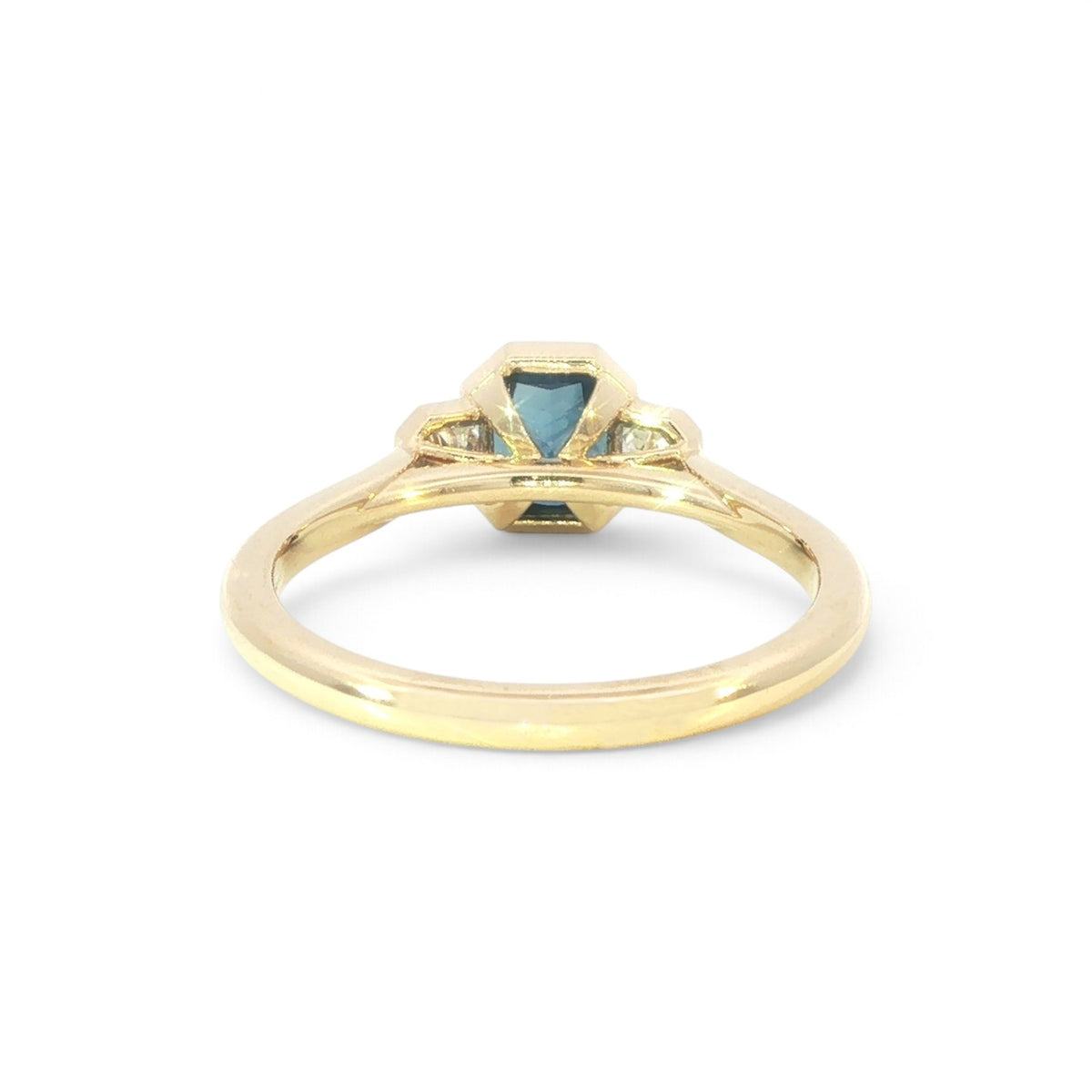 18 Carat Yellow Gold Square Octagon Sapphire and Diamond Trilogy Ring