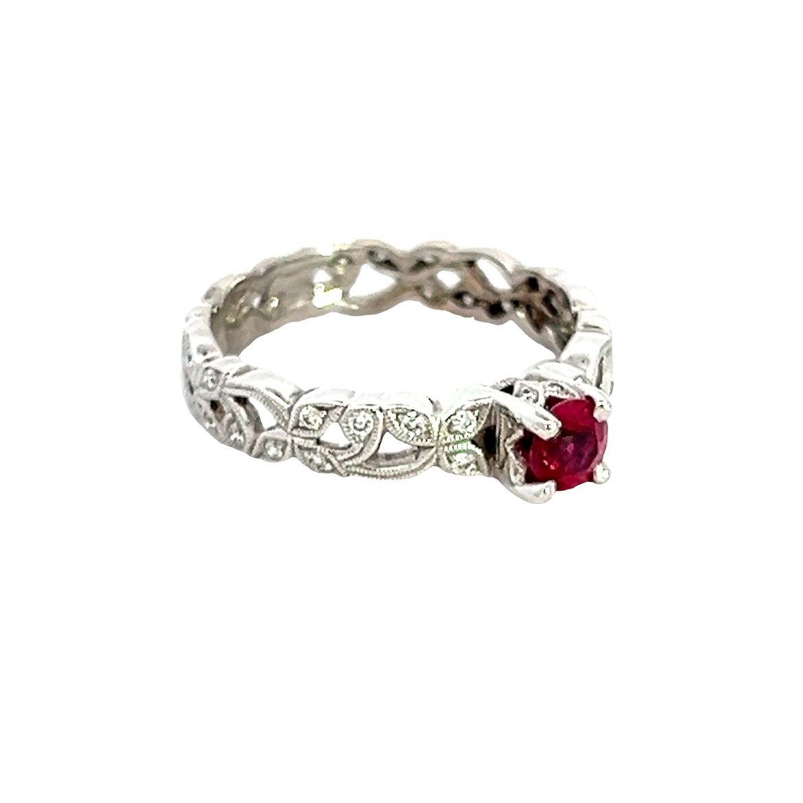 18ct White Gold Floral Band with Centre Ruby