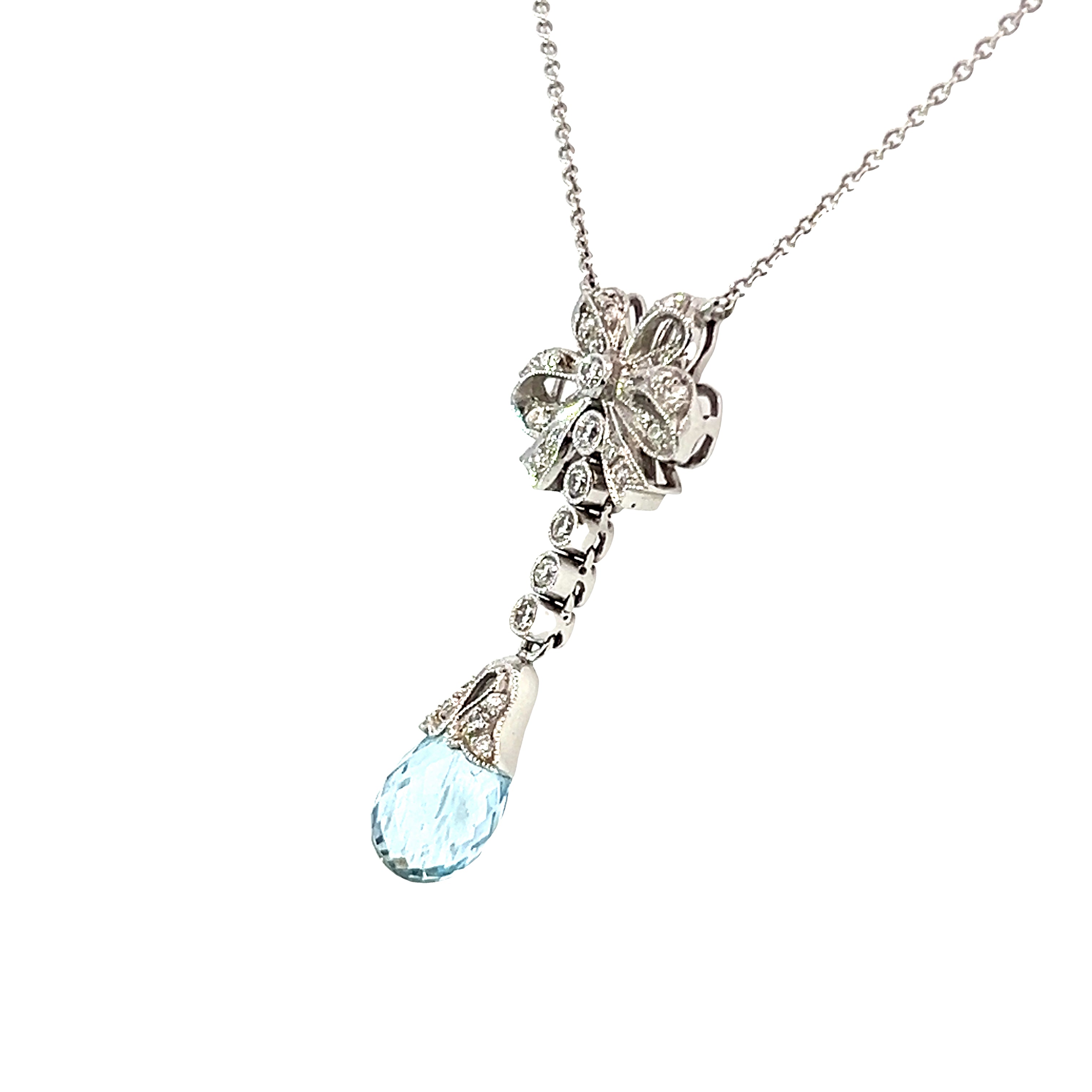 18ct white gold aquamarine and diamond bow style pendant