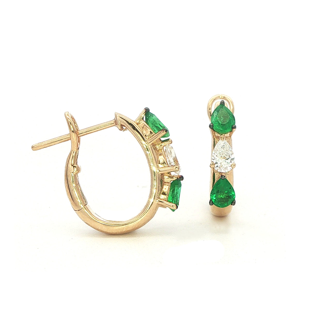 18 Carat Yellow Gold Emerald and Diamond Clip Hoops