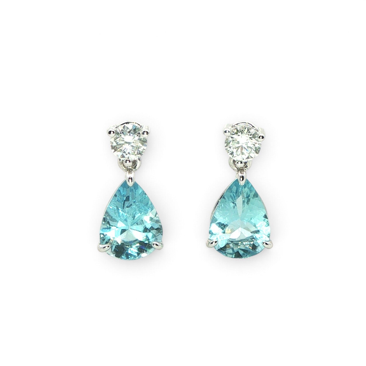 18 Carat White Gold Aquam,arine and Diamond Drop Stud Earrings