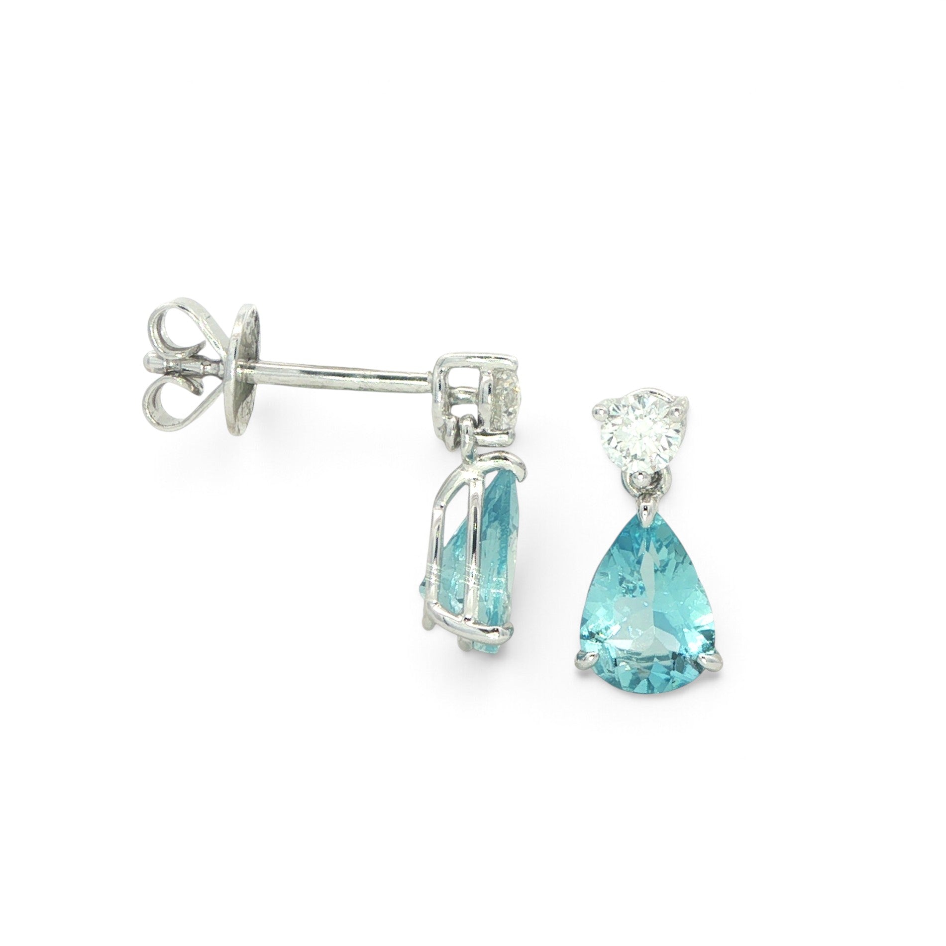 18 Carat White Gold Aquam,arine and Diamond Drop Stud Earrings