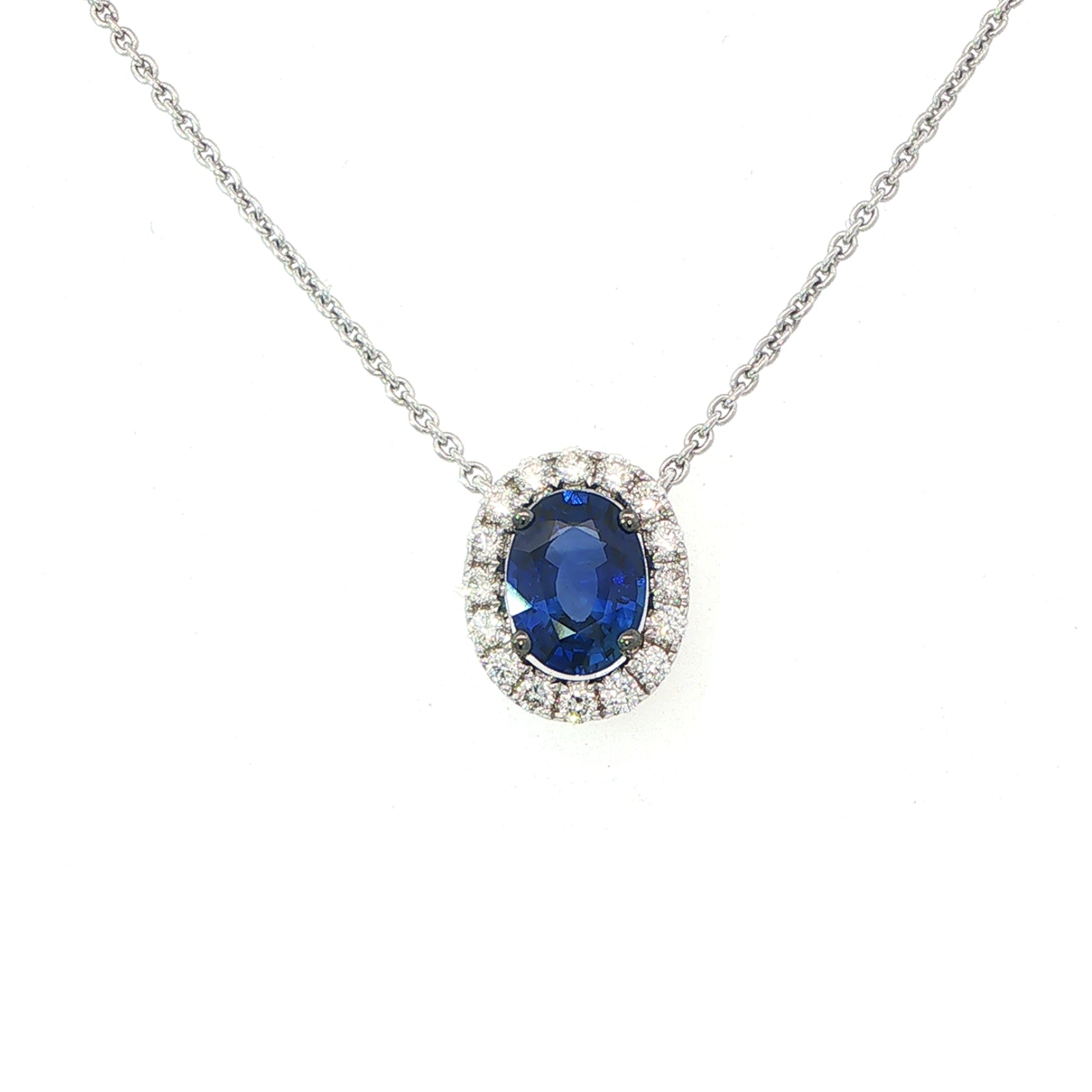 18 Carat White Gold Sapphire and Diamond Halo Style Necklet