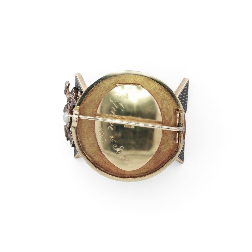 Rare 1860s French Enamelled Mourning Brooch, with Secret Locket!