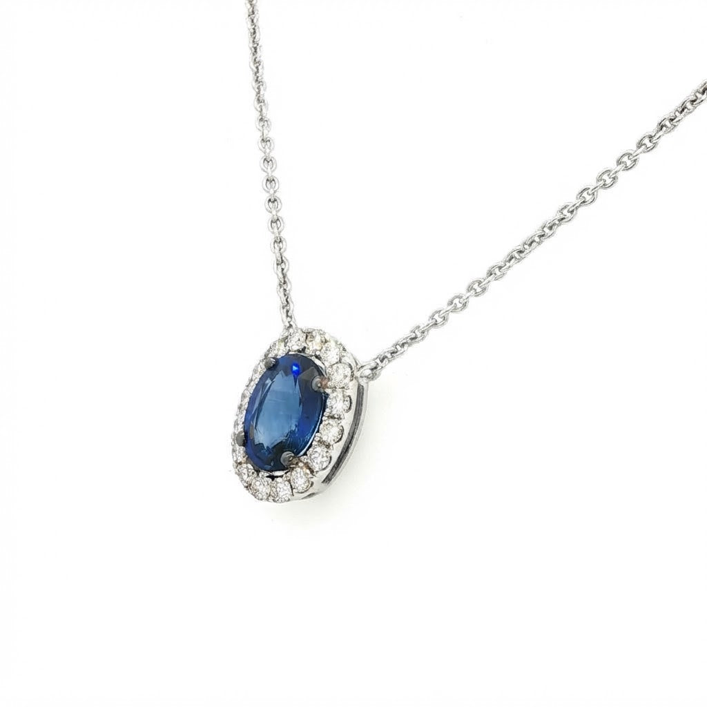 18 Carat White Gold Sapphire and Diamond Halo Style Necklet