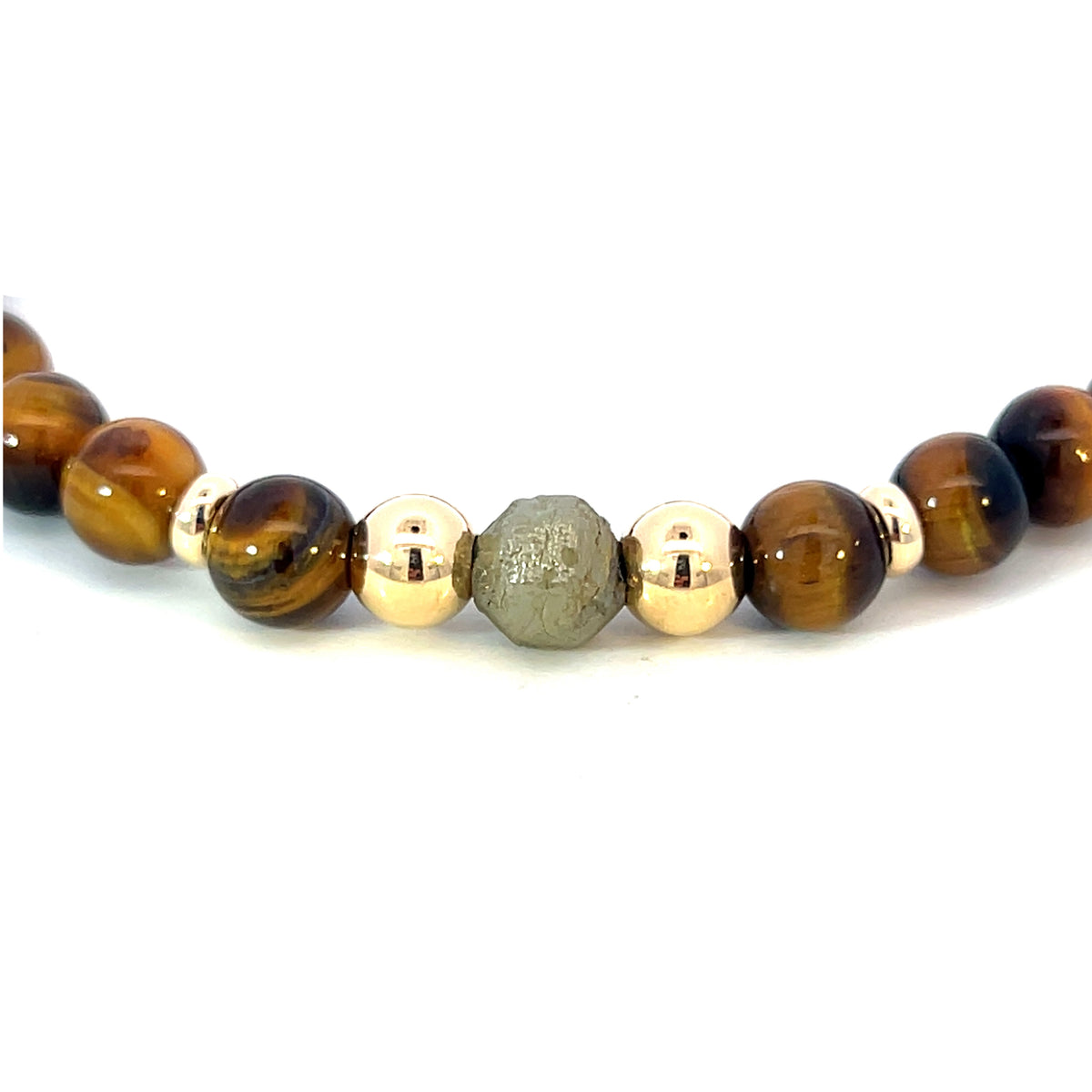 18 Carat Yellow Gold, Rough Diamond and Tigers Eye Pull String Bracelet
