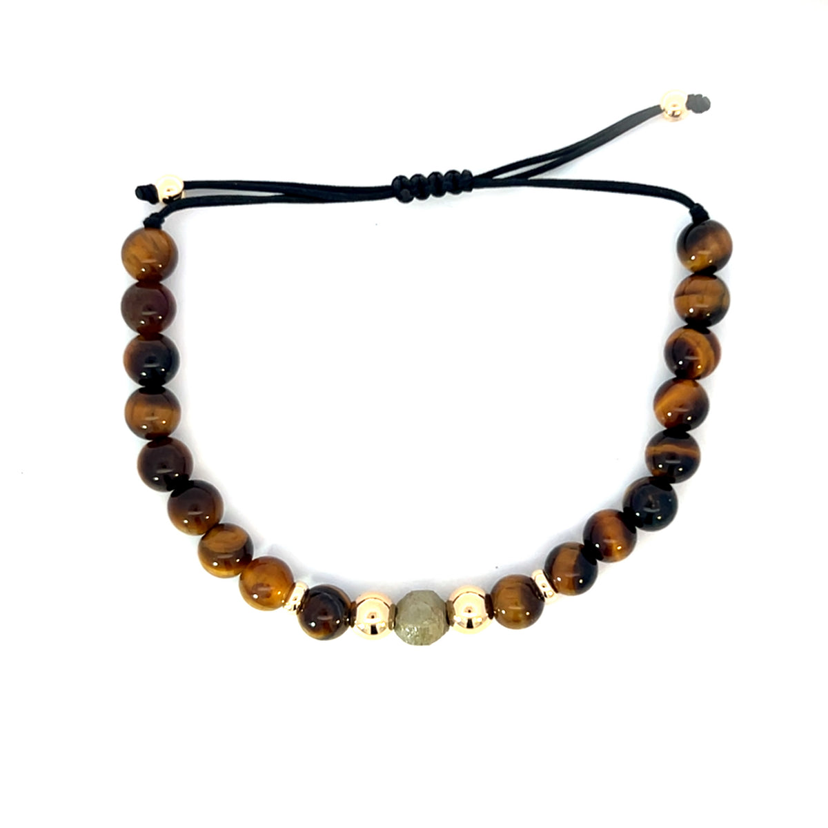 18 Carat Yellow Gold, Rough Diamond and Tigers Eye Pull String Bracelet