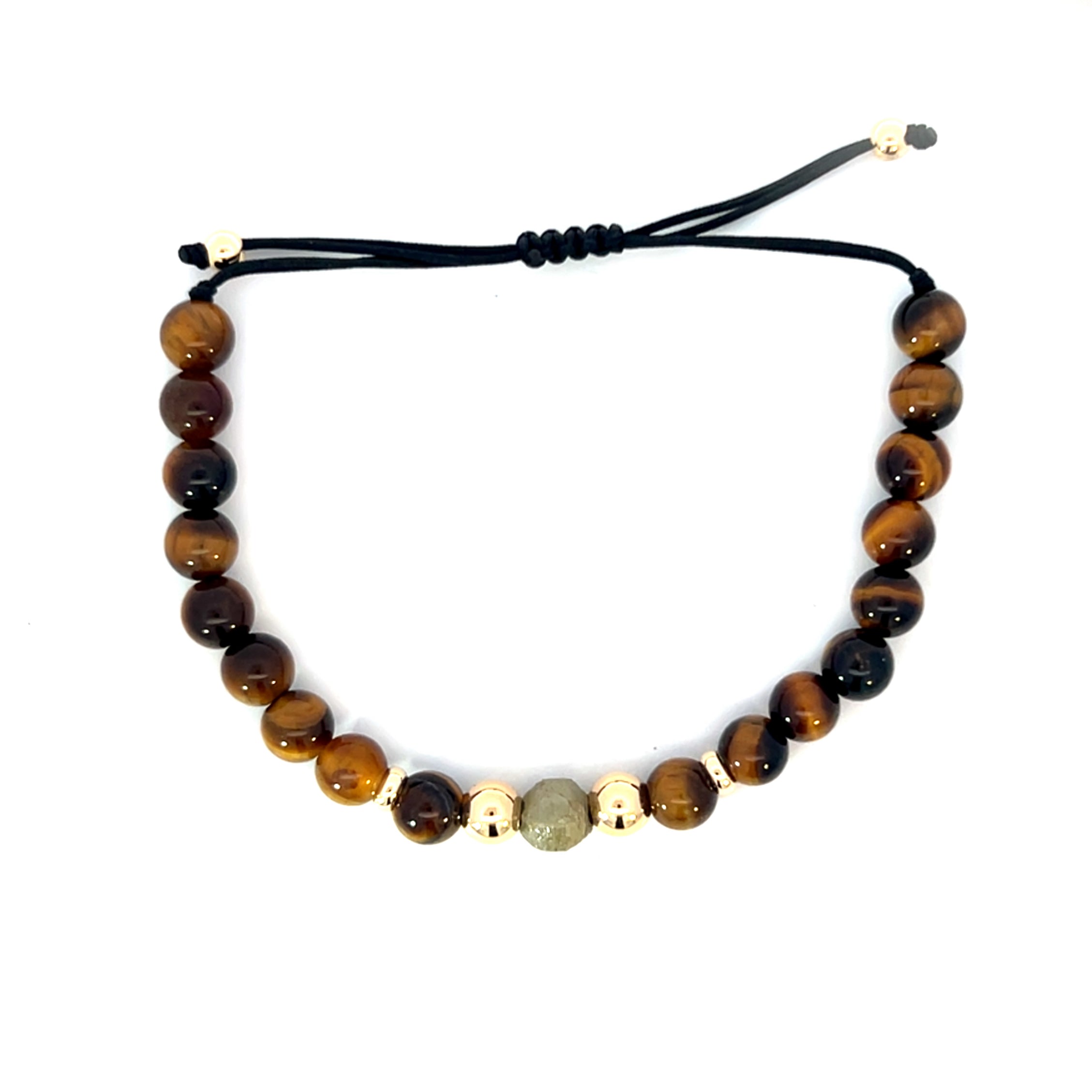 18 Carat Yellow Gold, Rough Diamond and Tigers Eye Pull String Bracelet