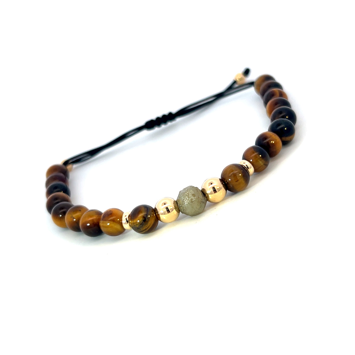18 Carat Yellow Gold, Rough Diamond and Tigers Eye Pull String Bracelet