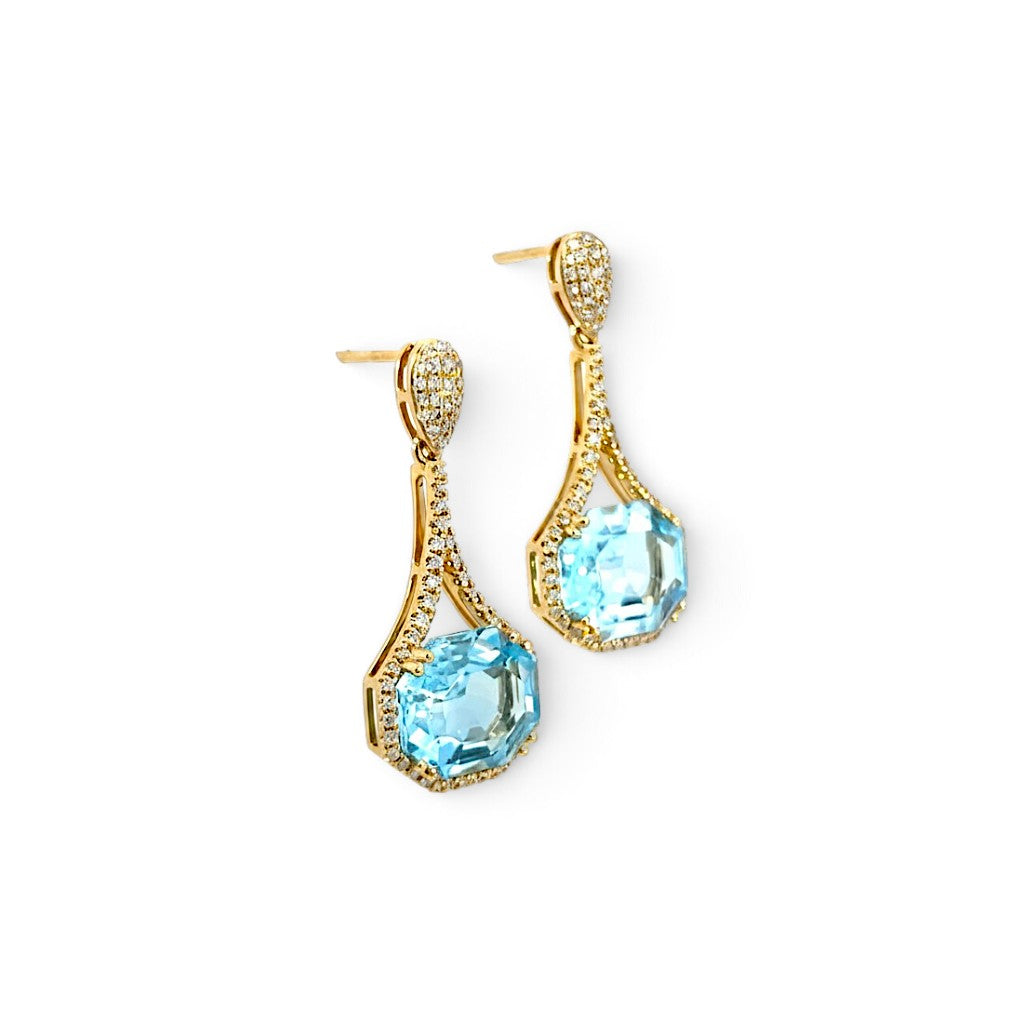 A Pair of Blue Topaz and Diamond Halo Drop Earrings