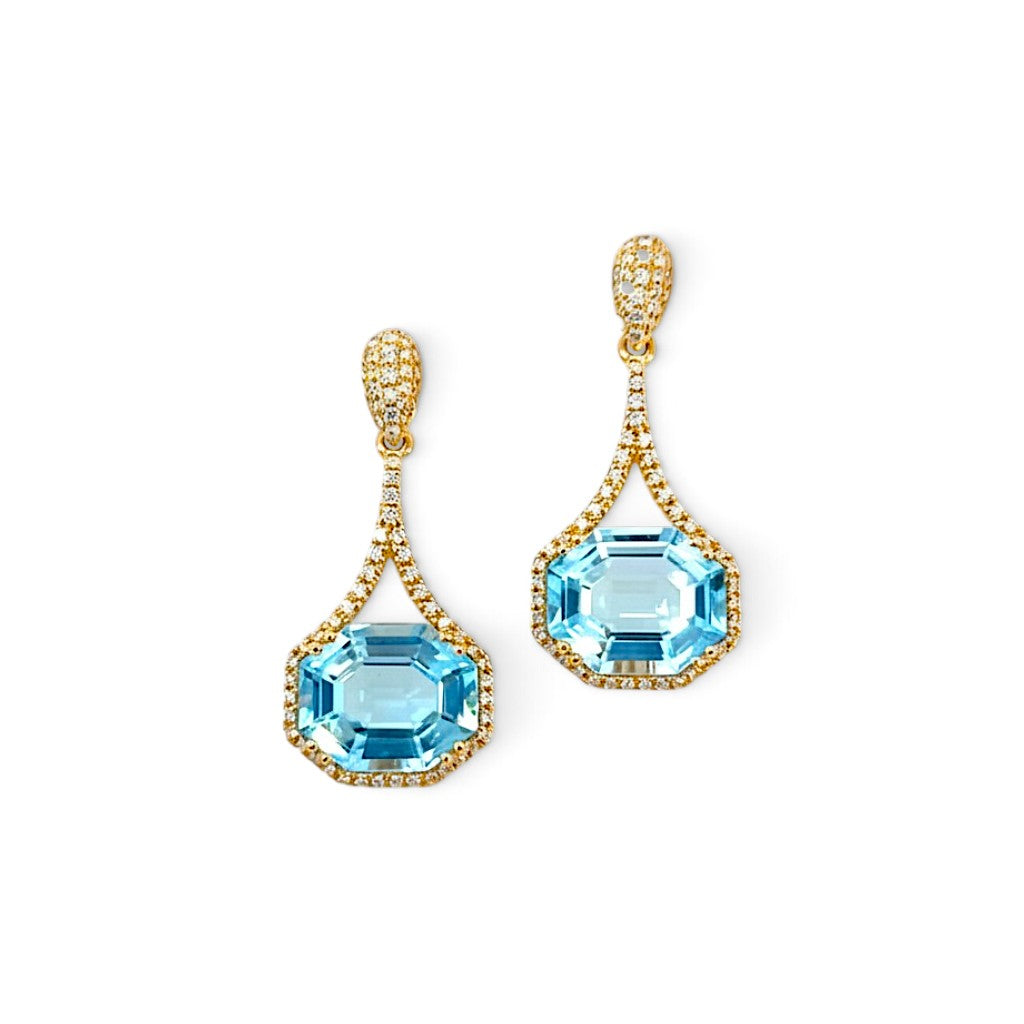 A Pair of Blue Topaz and Diamond Halo Drop Earrings