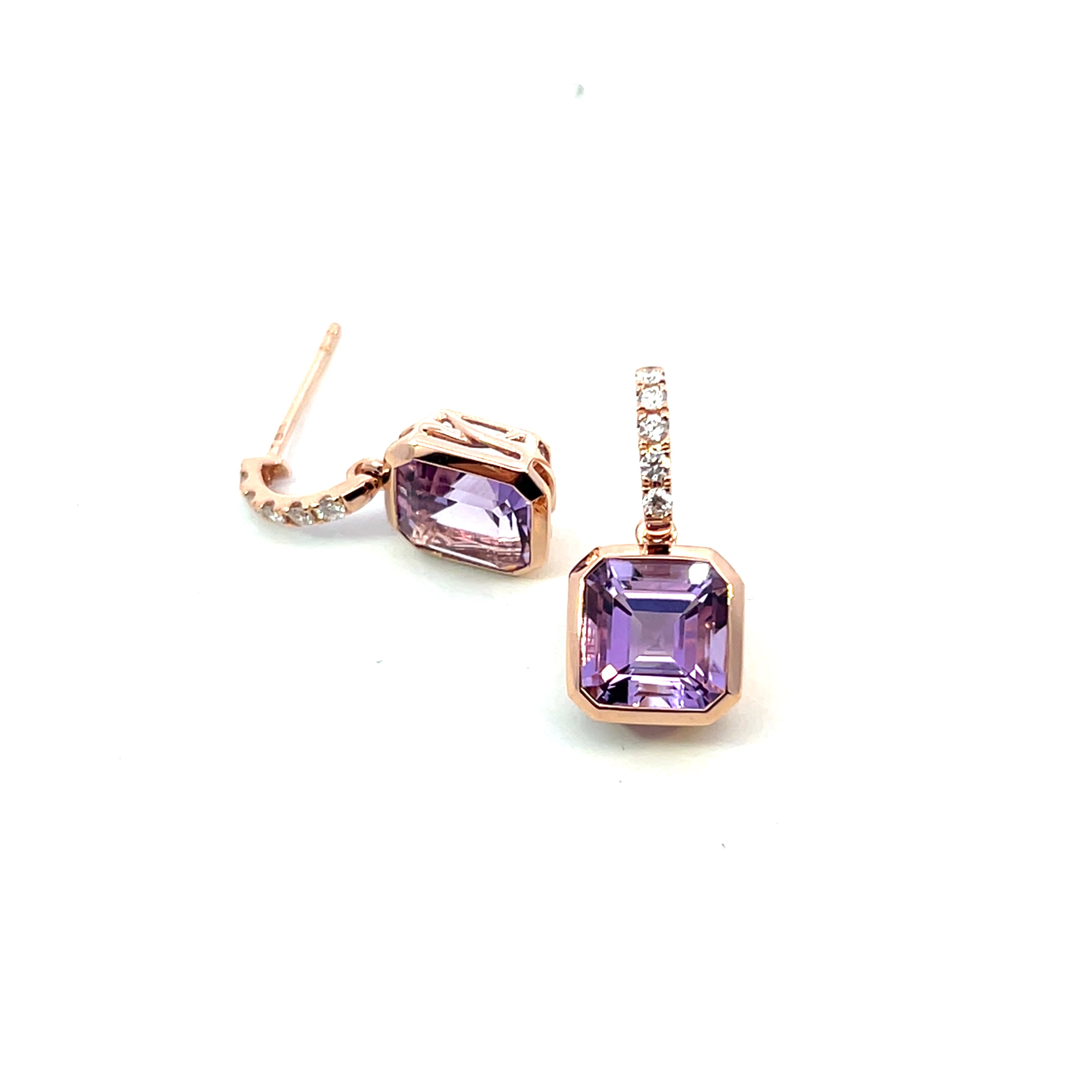 A Pair of 18 Carat Rose Gold, Amethyst and Diamond Drop Earrings
