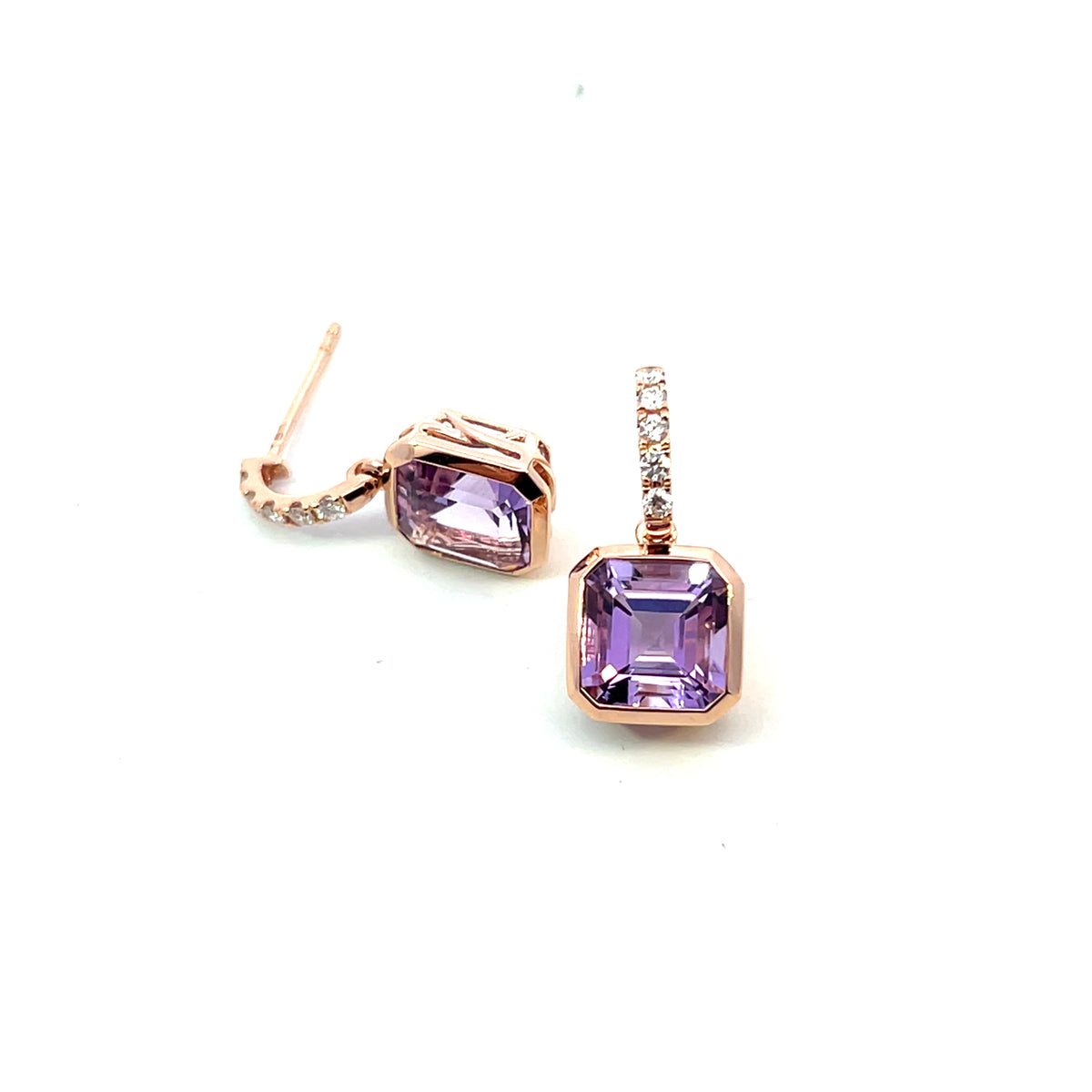 A Pair of 18 Carat Rose Gold, Amethyst and Diamond Drop Earrings