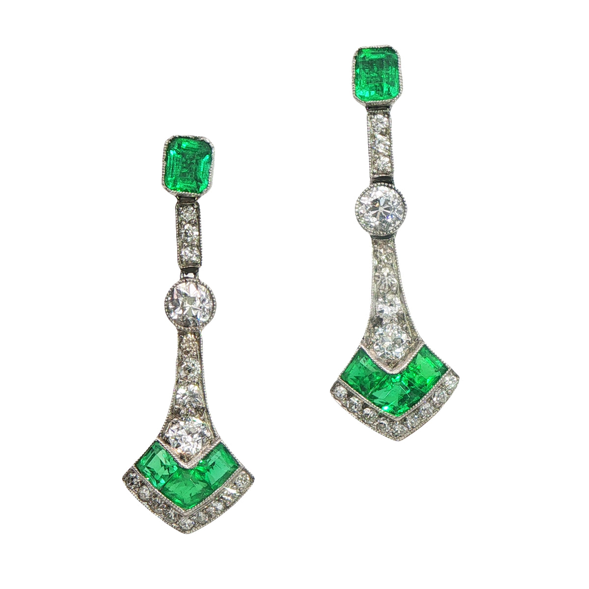 Stunning Art Deco Emerald and Diamond Earrings