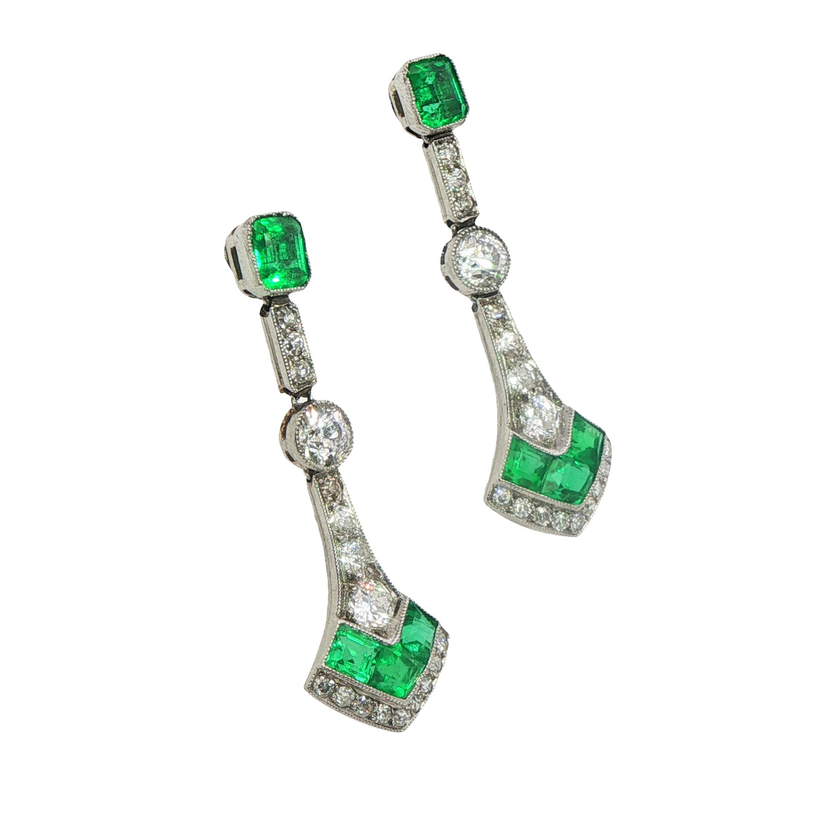Stunning Art Deco Emerald and Diamond Earrings
