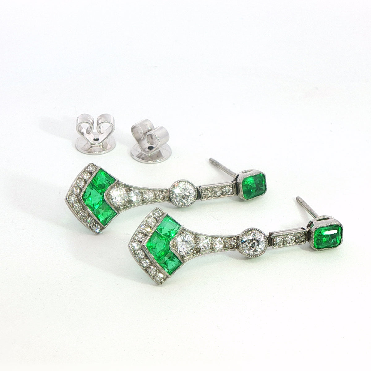Stunning Art Deco Emerald and Diamond Earrings