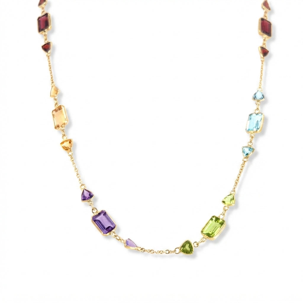 18 Carat Yellow Gold Chain Gem-set Drop Necklace With Emerald Cuts and Trillion Shapes 