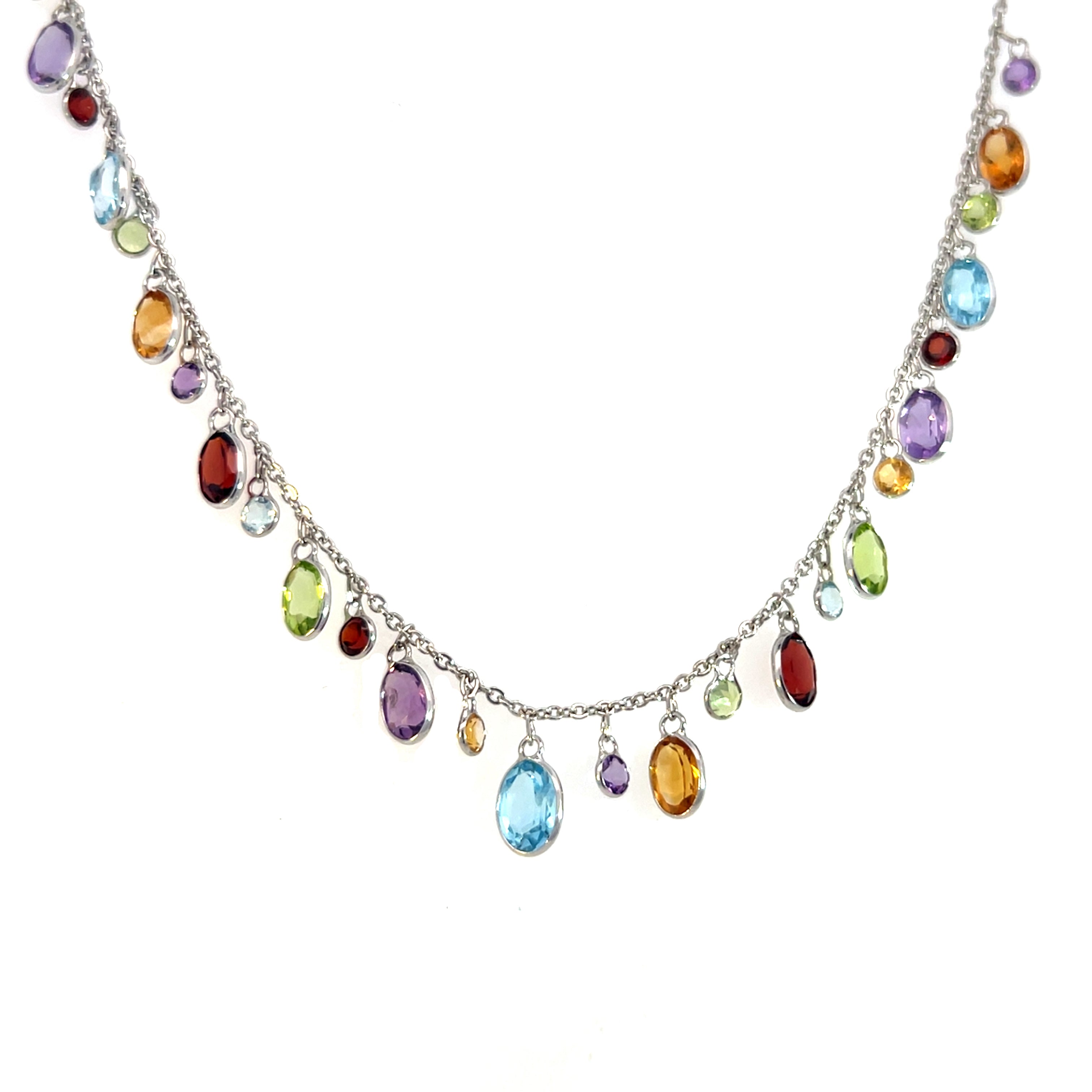18 Carat White Gold Chain Gem-set Drop Necklace With Oval Cuts and Round Shape Drops