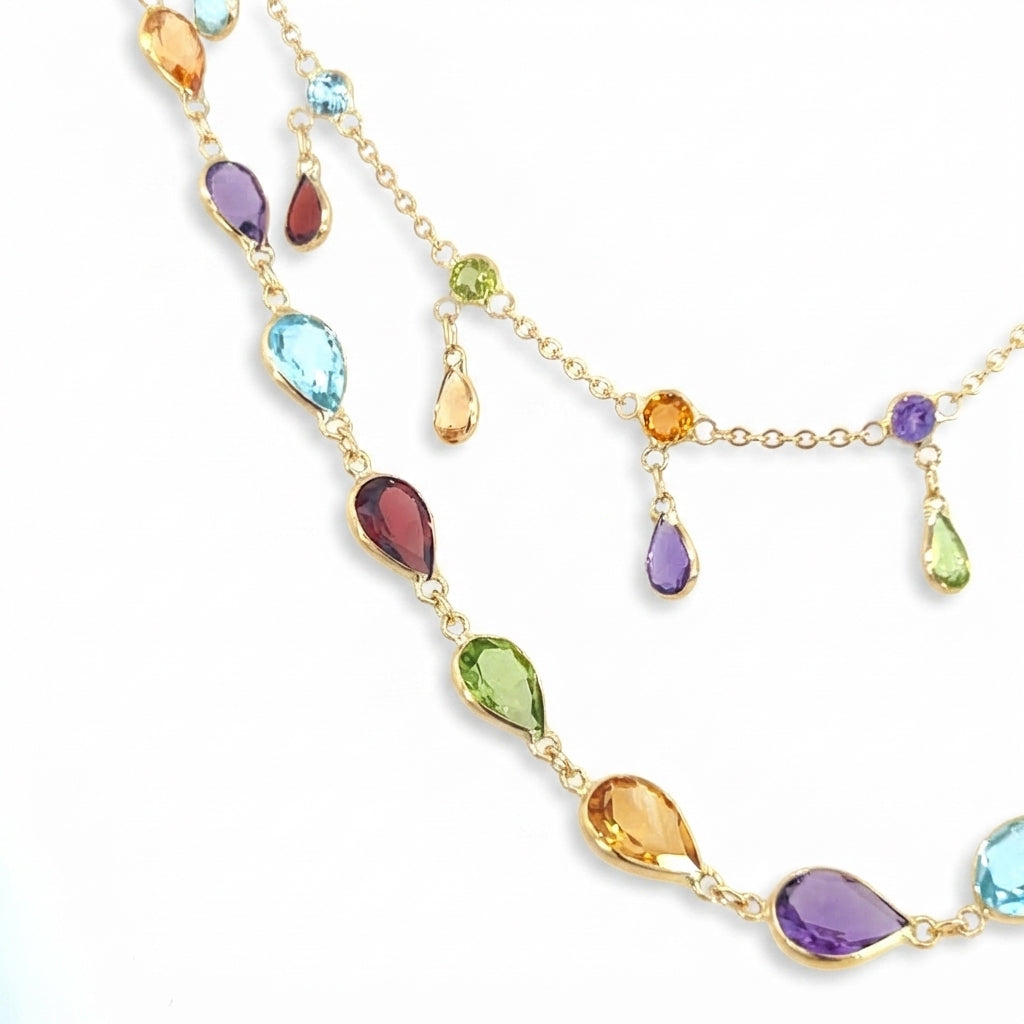 18 Carat Yellow Gold Double Chain Gemset Drop Necklace