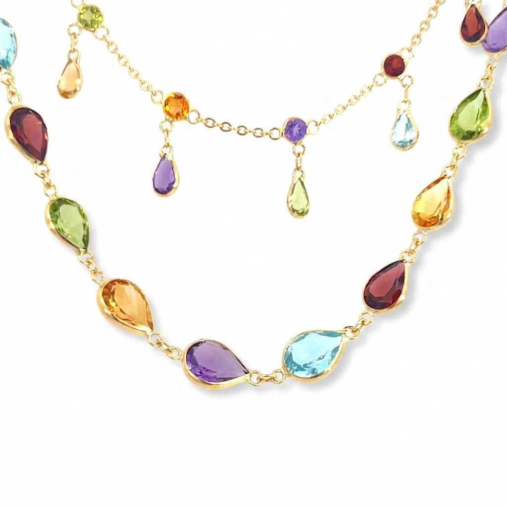 18 Carat Yellow Gold Double Chain Gemset Drop Necklace