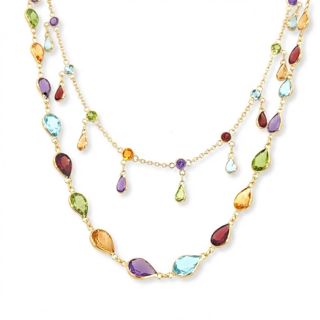 18 Carat Yellow Gold Double Chain Gemset Drop Necklace