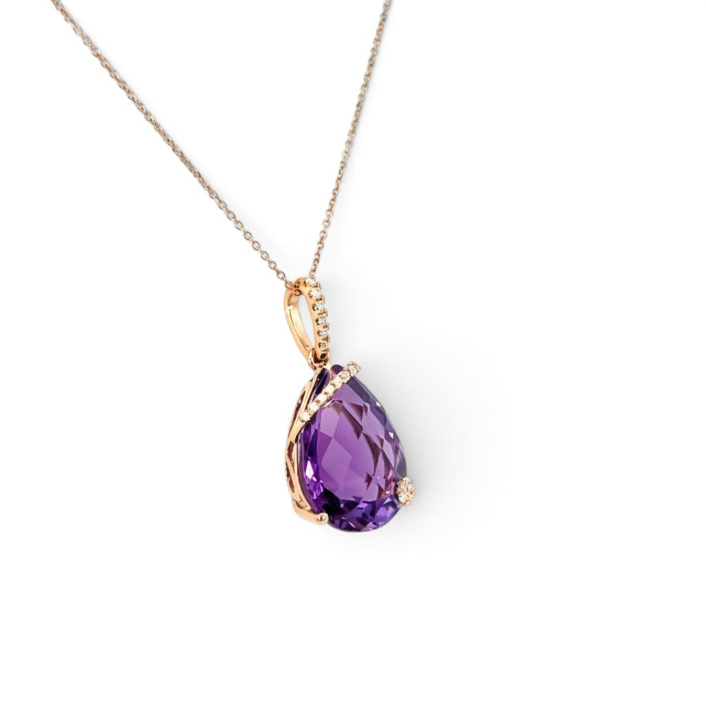 A modern 18 carat rose gold and diamond pendant. Featuring a checker cut pear shape amethyst  11x15mm in a diamond set twisted wrap setting  to an articulated rose gold bail set with eighteen (18) claw set natural modern round brilliant diamonds weighing a total of 0.08 carats  of G/H colour VS clarity. To a 46cm inch rose gold trace chain with an extender loop at 41cms