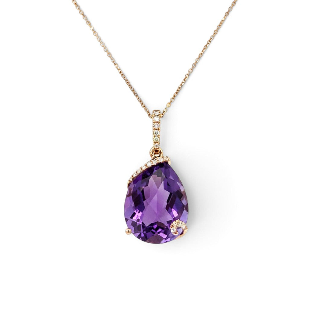 A modern 18 carat rose gold and diamond pendant. Featuring a checker cut pear shape amethyst  11x15mm in a diamond set twisted wrap setting  to an articulated rose gold bail set with eighteen (18) claw set natural modern round brilliant diamonds weighing a total of 0.08 carats  of G/H colour VS clarity. To a 46cm inch rose gold trace chain with an extender loop at 41cms