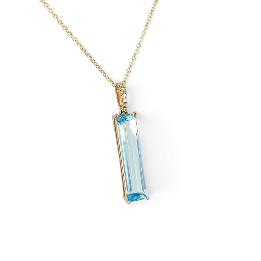 18 carat Yellow Gold Blue Topaz and Diamond Long Drop Pendant