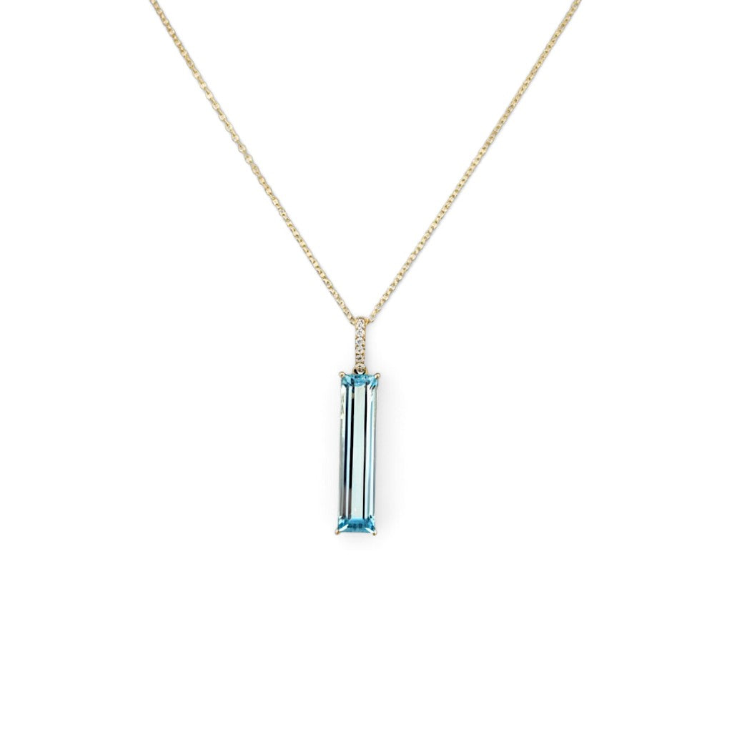 18 carat Yellow Gold Blue Topaz and Diamond Long Drop Pendant