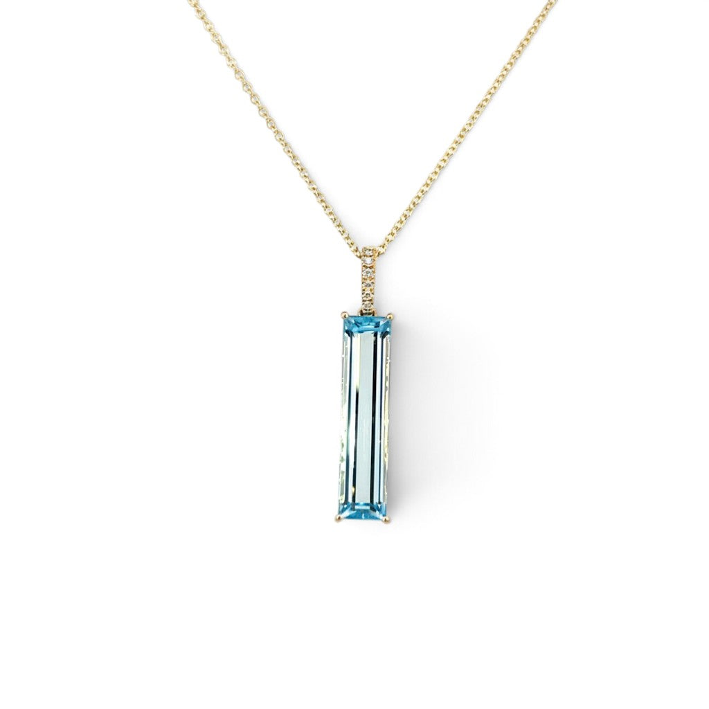 18 carat Yellow Gold Blue Topaz and Diamond Long Drop Pendant