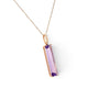  A modern 18 carat rose gold amethyst and diamond pendant. Featuring a 6x25mm step cut amethyst in a four claw double gallery setting to an articulated rose gold bail set with six (6) claw set natural modern round brilliant diamonds of G/H colour VS clarity. To a 46cm inch rose gold trace chain with an extender loop at 41cms