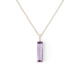  A modern 18 carat rose gold amethyst and diamond pendant. Featuring a 6x25mm step cut amethyst in a four claw double gallery setting to an articulated rose gold bail set with six (6) claw set natural modern round brilliant diamonds of G/H colour VS clarity. To a 46cm inch rose gold trace chain with an extender loop at 41cms
