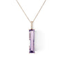  A modern 18 carat rose gold amethyst and diamond pendant. Featuring a 6x25mm step cut amethyst in a four claw double gallery setting to an articulated rose gold bail set with six (6) claw set natural modern round brilliant diamonds of G/H colour VS clarity. To a 46cm inch rose gold trace chain with an extender loop at 41cms