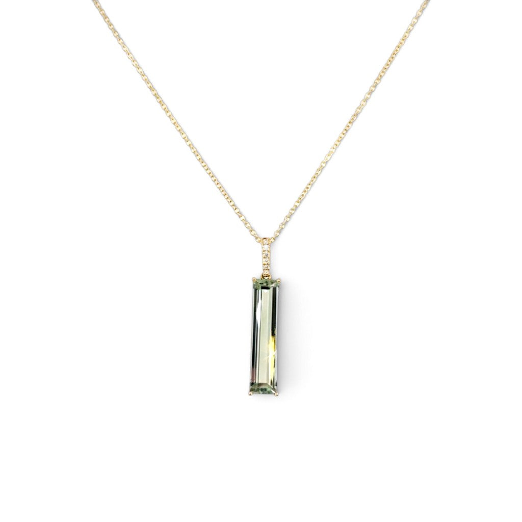 18 Carat Yellow Gold and Praisiolite Long Bar Drop Pendant