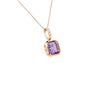 A modern 18 Carat rose gold amethyst and diamond pendant. Featuring a 9mm square step cut natural amethyst in a rose gold rub over settings to an articulated diamond set bail with four (4) natural white modern round brilliant diamonds of G/H colour VS clarity in claw settings. To a 46cm inch rose gold trace chain with an extender loop at 41cms