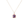 A modern 18 Carat rose gold amethyst and diamond pendant. Featuring a 9mm square step cut natural amethyst in a rose gold rub over settings to an articulated diamond set bail with four (4) natural white modern round brilliant diamonds of G/H colour VS clarity in claw settings. To a 46cm inch rose gold trace chain with an extender loop at 41cms
