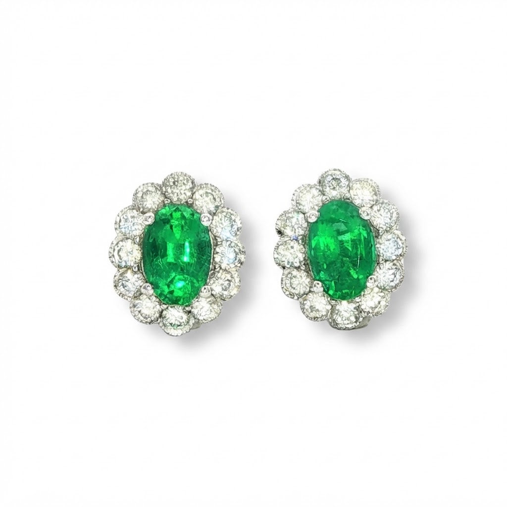 18 White Gold Diamond and Emerald Stud Earrings