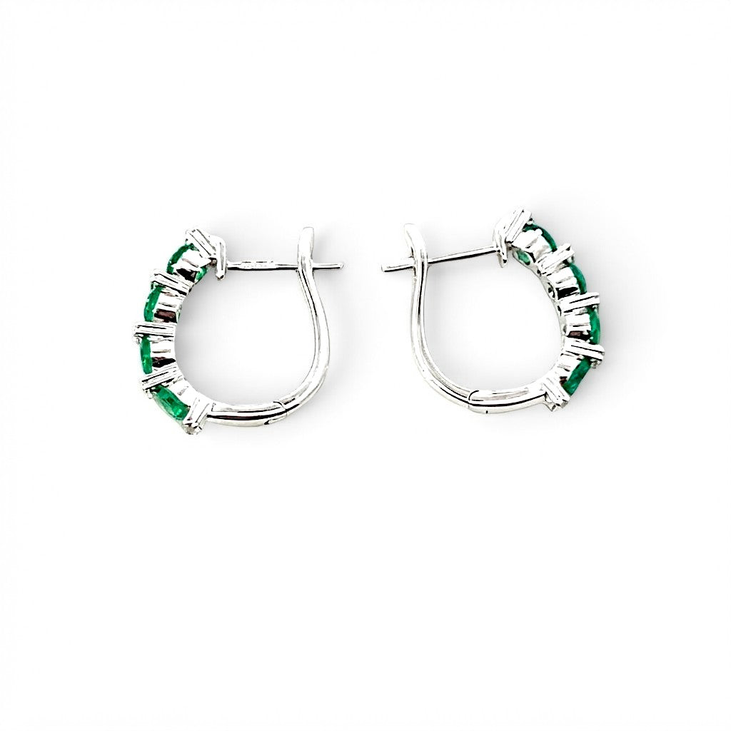 A Pair of 18 Carat White Gold Emerald and Diamond Hinged Hoops