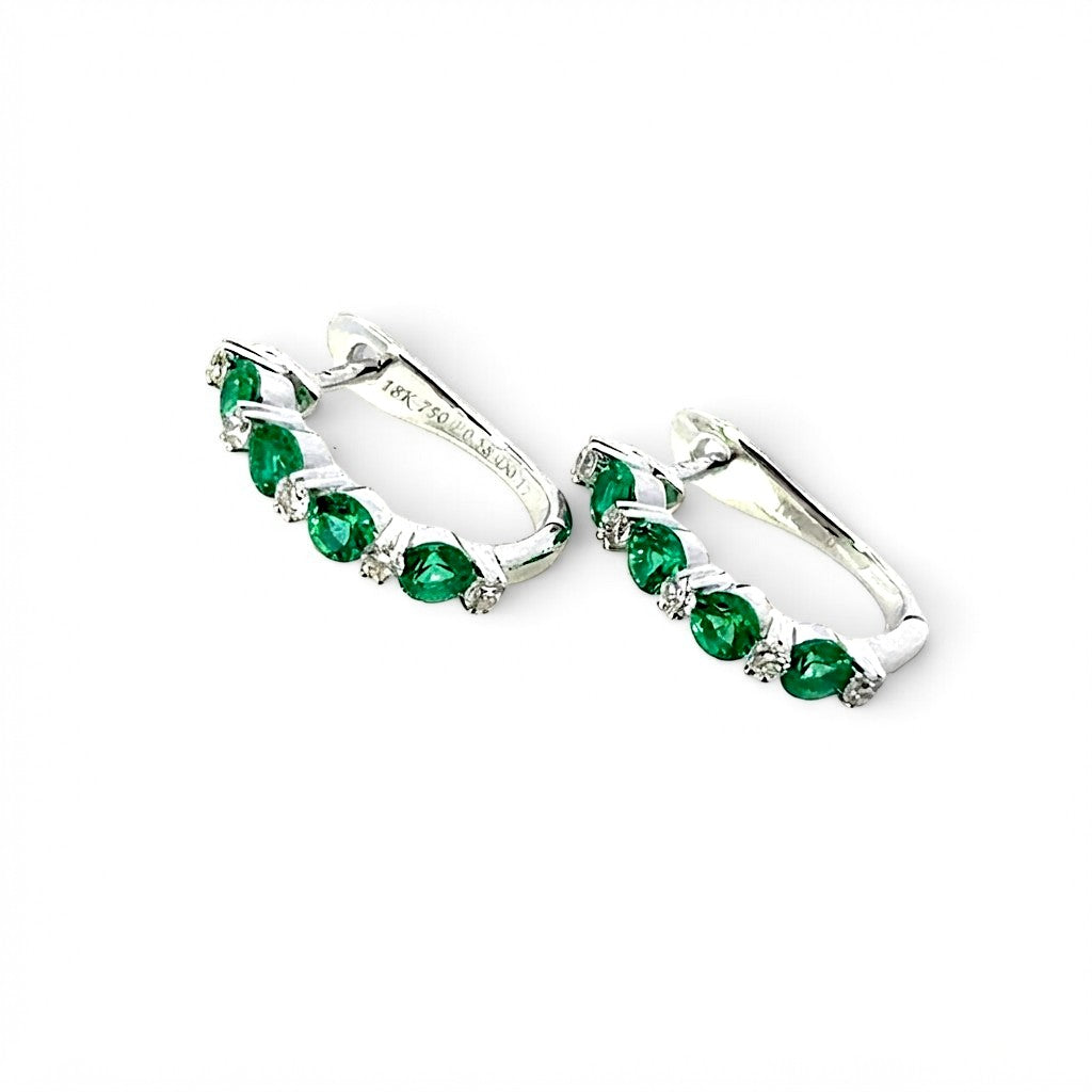 A Pair of 18 Carat White Gold Emerald and Diamond Hinged Hoops