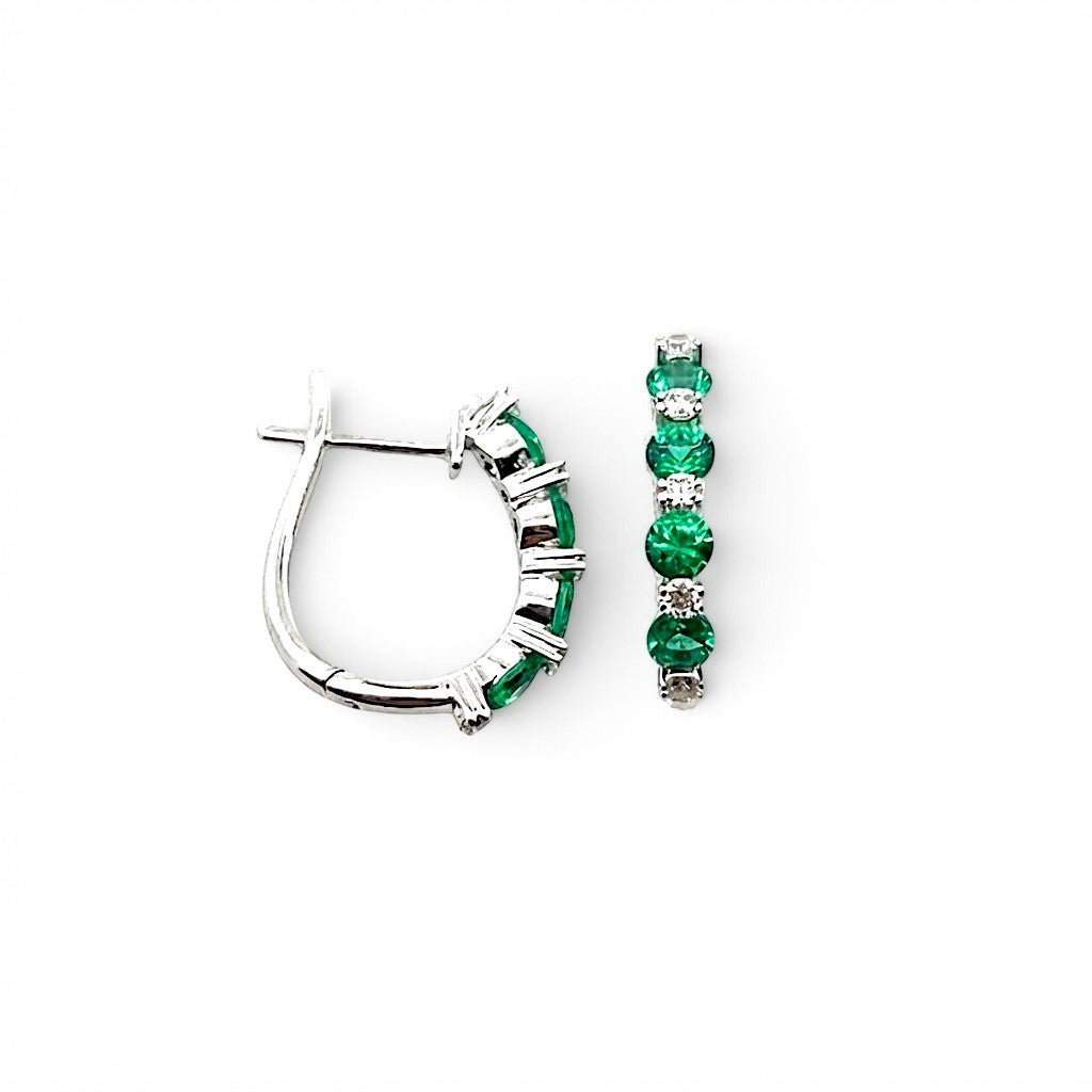 A Pair of 18 Carat White Gold Emerald and Diamond Hinged Hoops