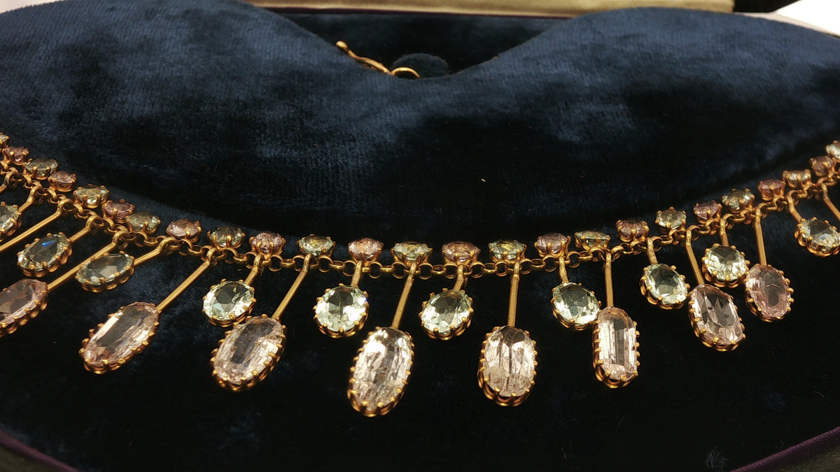 Rare Edwardian Aquamarine and Pink Topaz Fringe Necklace