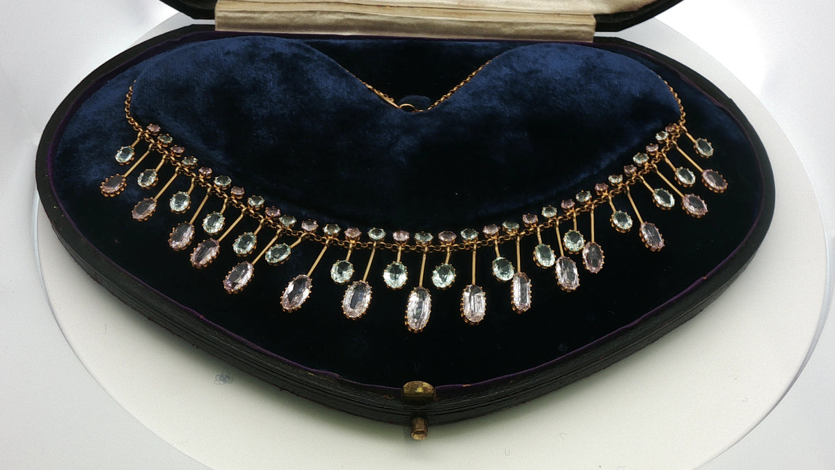 Rare Edwardian Aquamarine and Pink Topaz Fringe Necklace