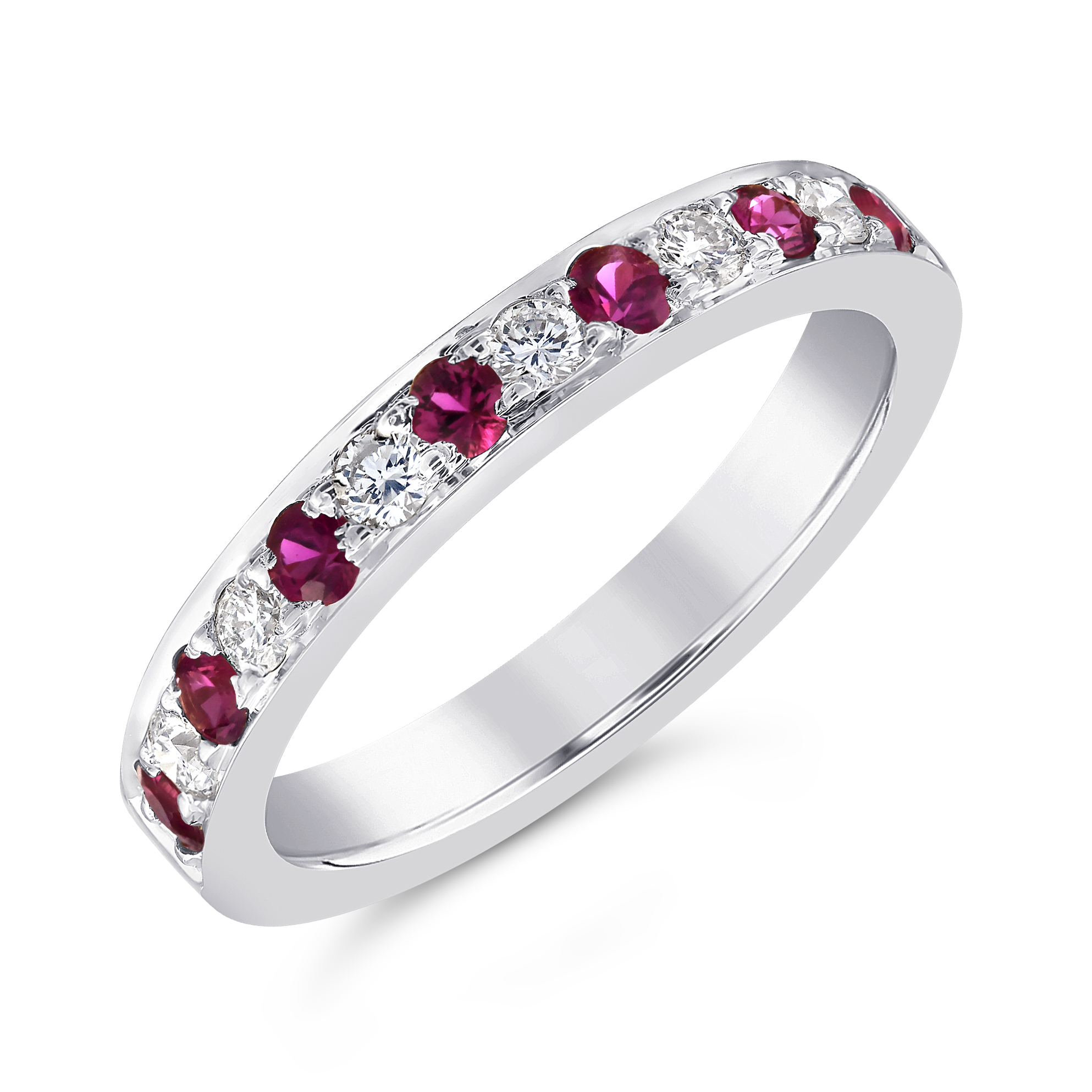 18ct white gold ruby and diamond half eternity ring - Grain set