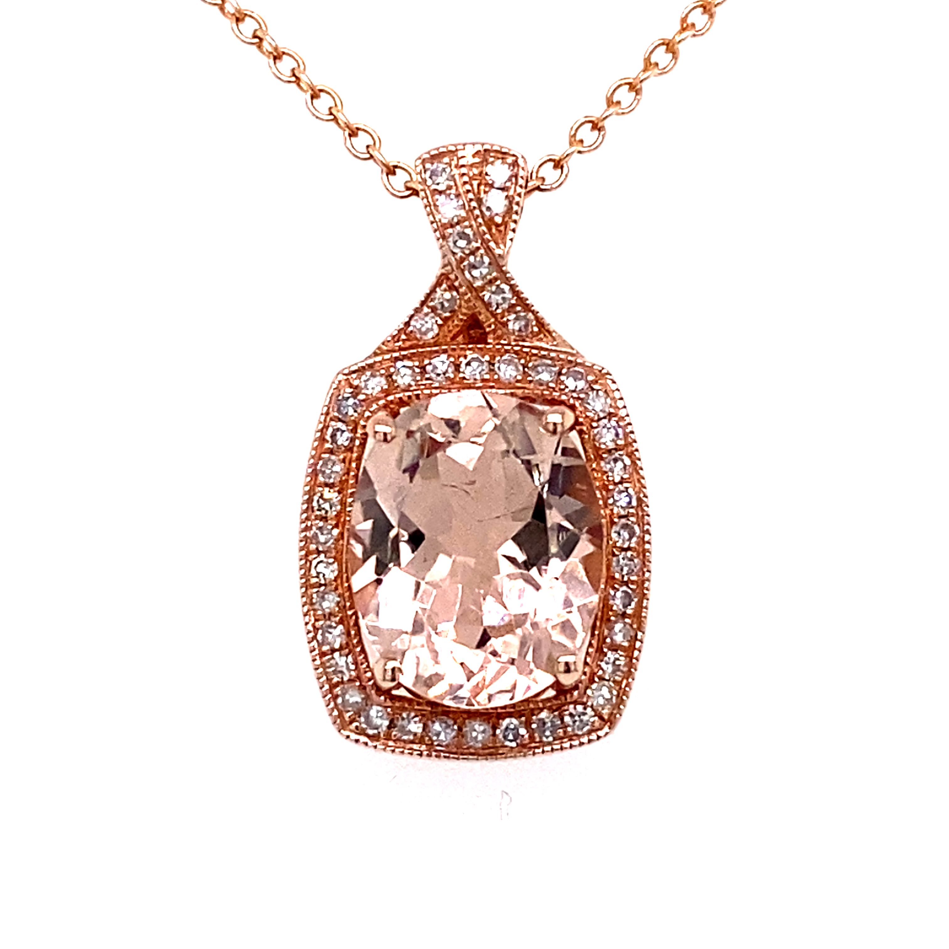 14ct Rose Gold, Morganite and Diamond Pendant.