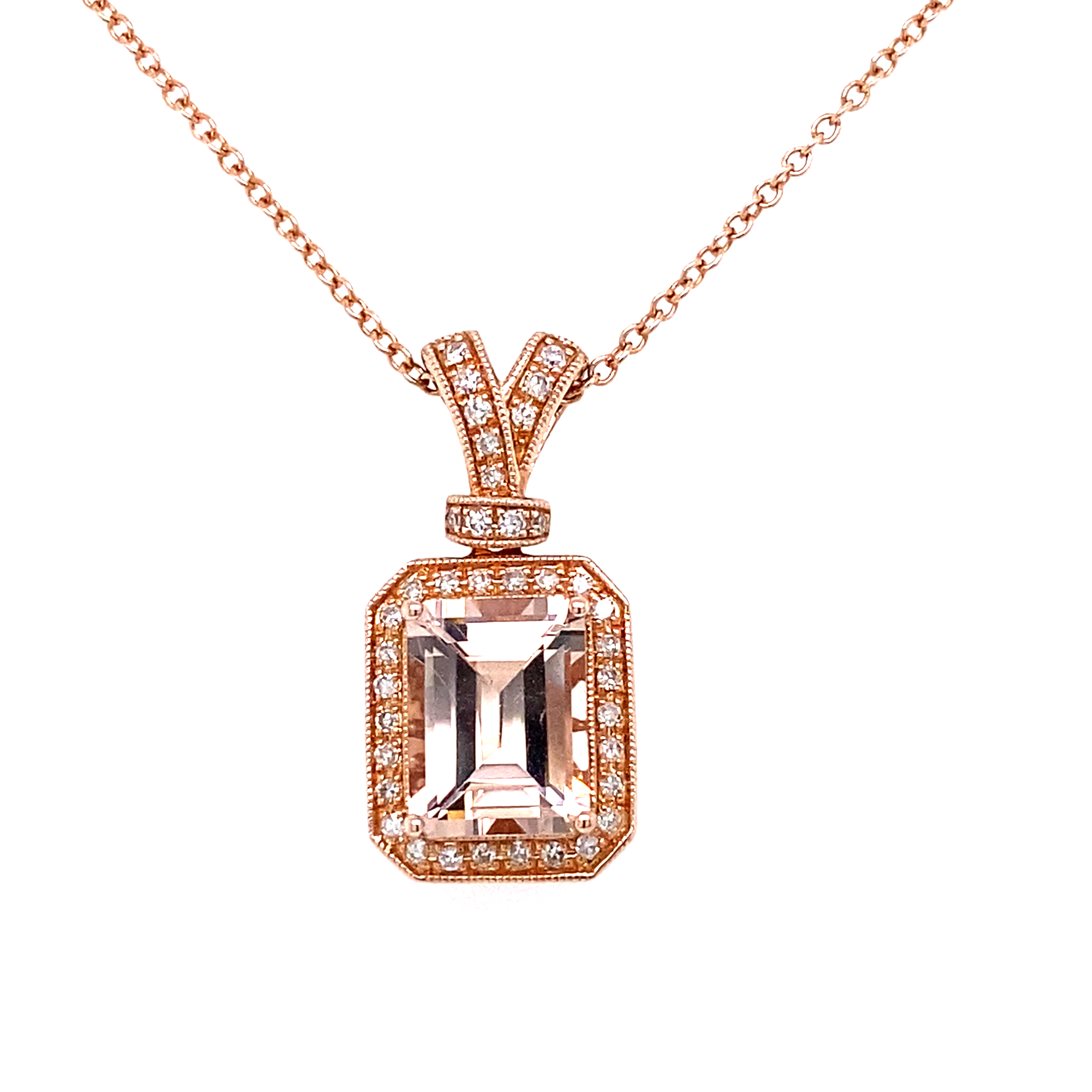 14ct Rose Gold Morganite and Diamond Deco Style Pendant