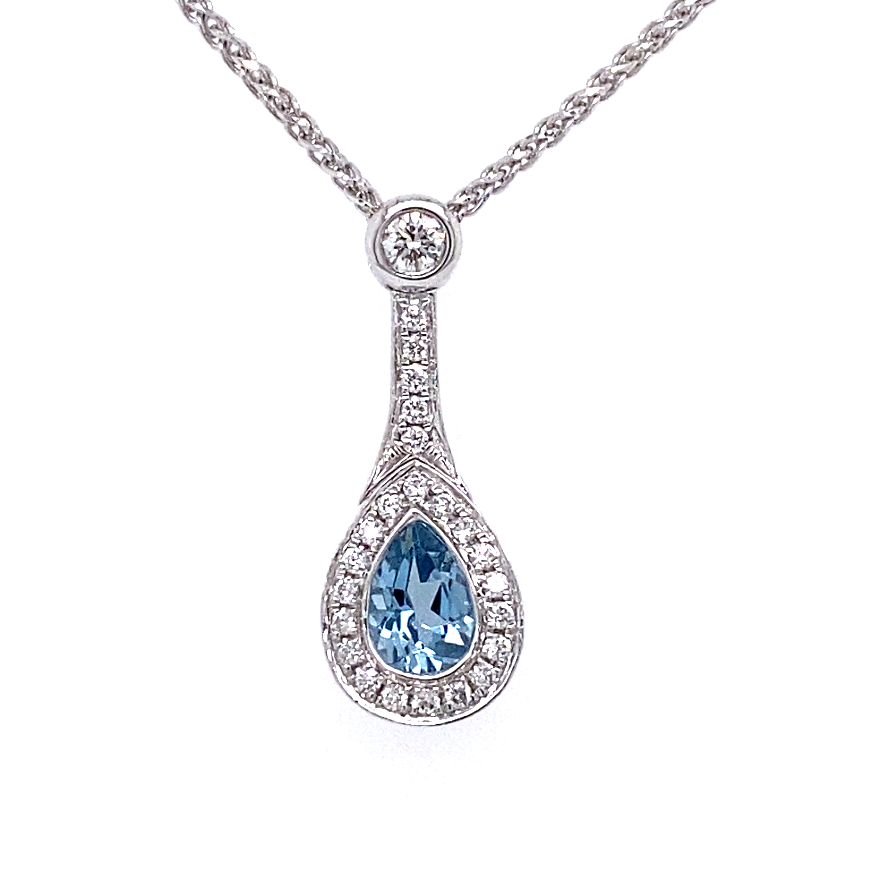 18 Carat White Gold Pear Shape Aquamarine and Diamond Pendant