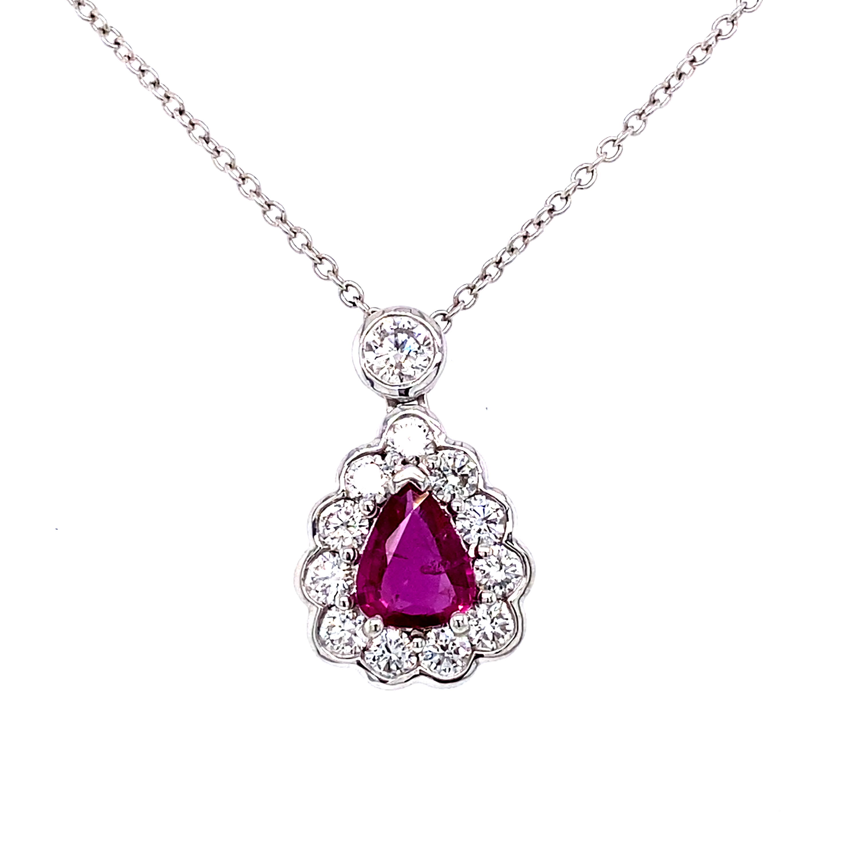 A Beautiful Platinum Pendant Featuring a Pear Shape Ruby