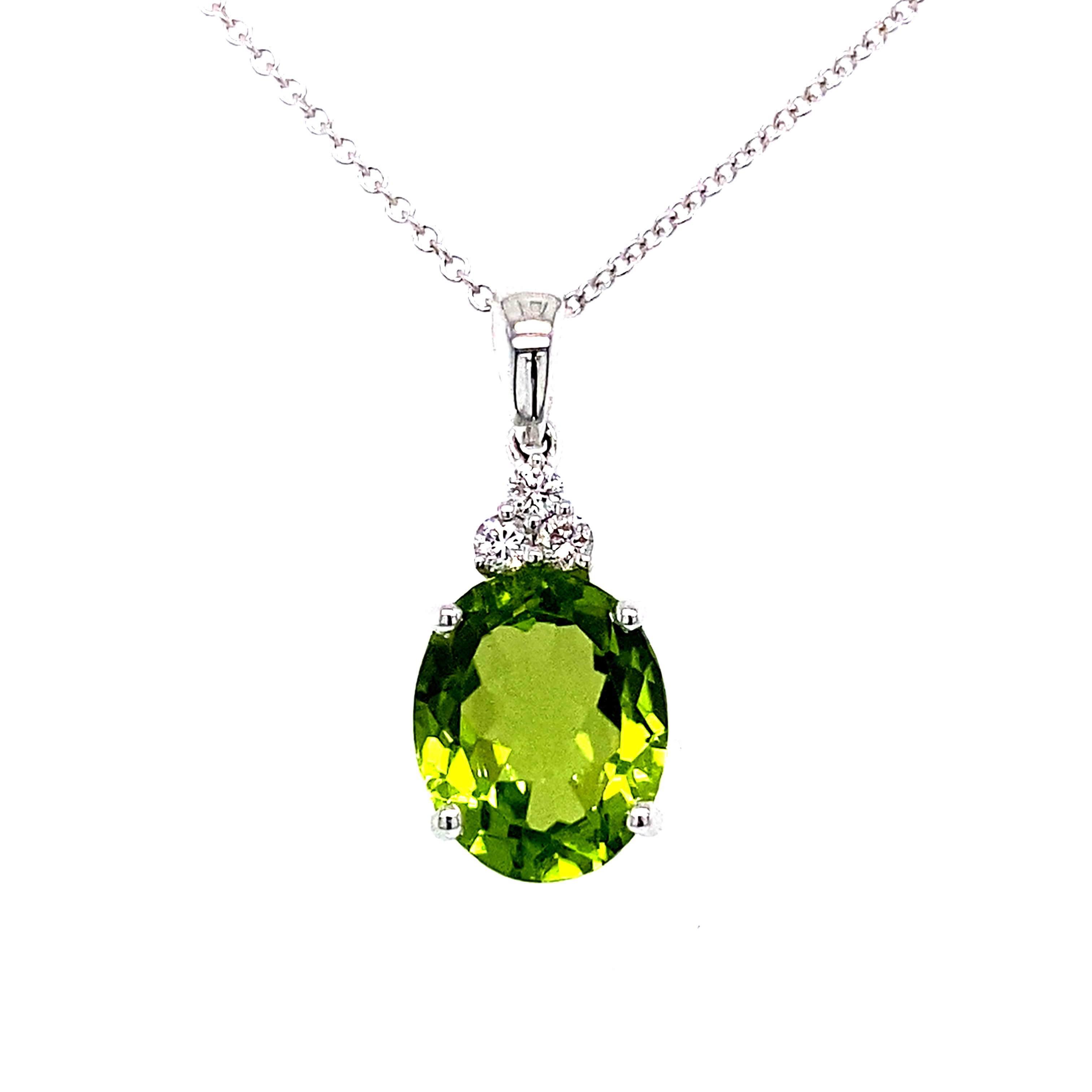 18 carat White Gold Oval Peridot and Diamond Pendant