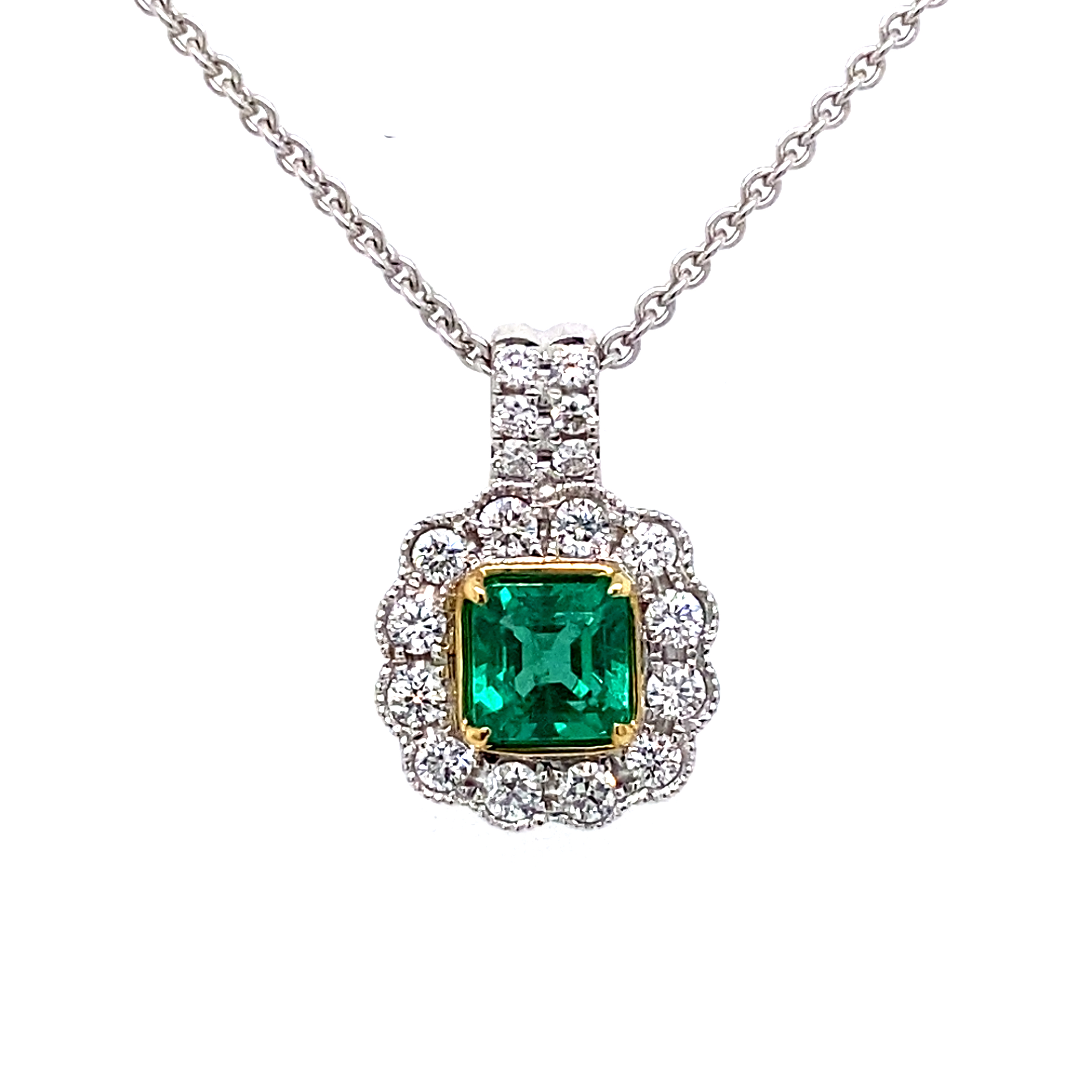 18ct white gold Emerald 0.47ct and Diamond Vintage style pendant