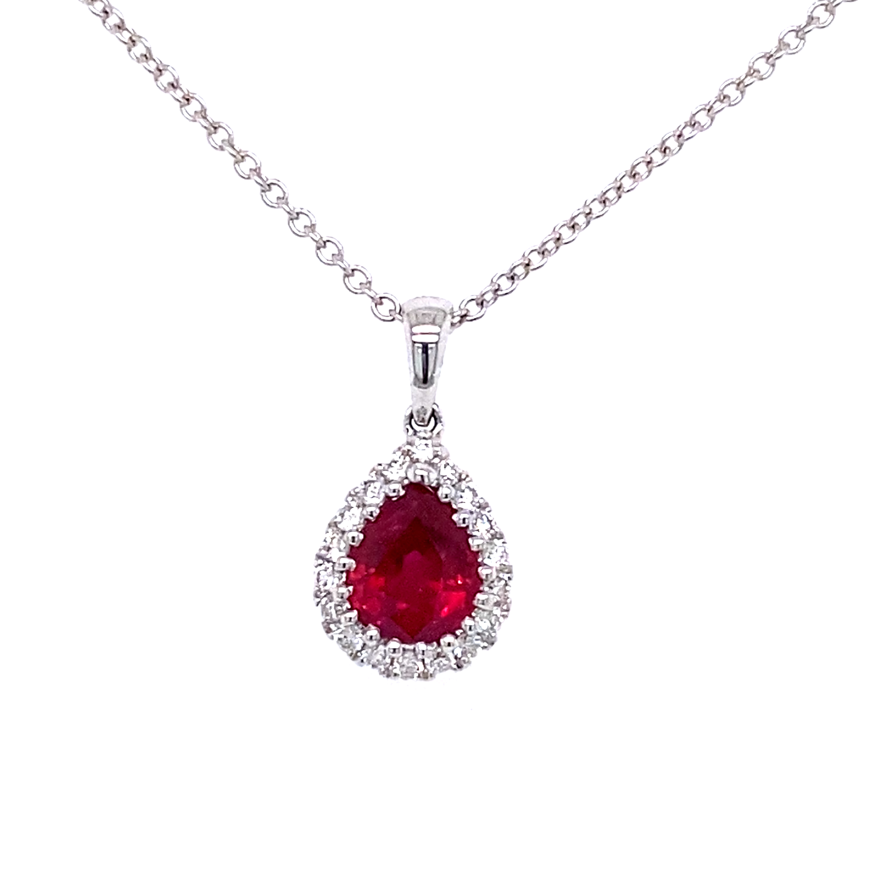 18ct White Gold Ruby and Diamond Halo Pendant